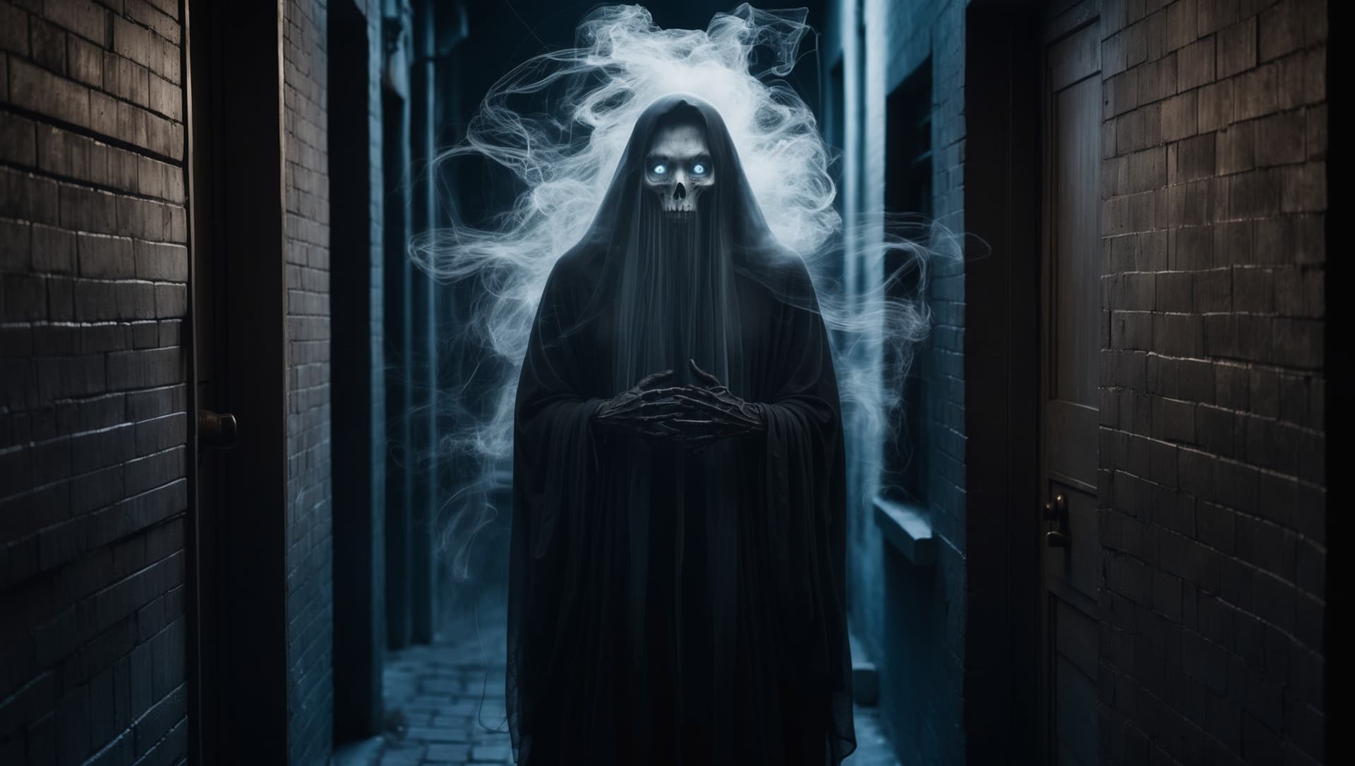 AI generated: In the dimly lit alley, an ethereal spirit emerges: a ghostly figure cloaked in shadows, with pierci...