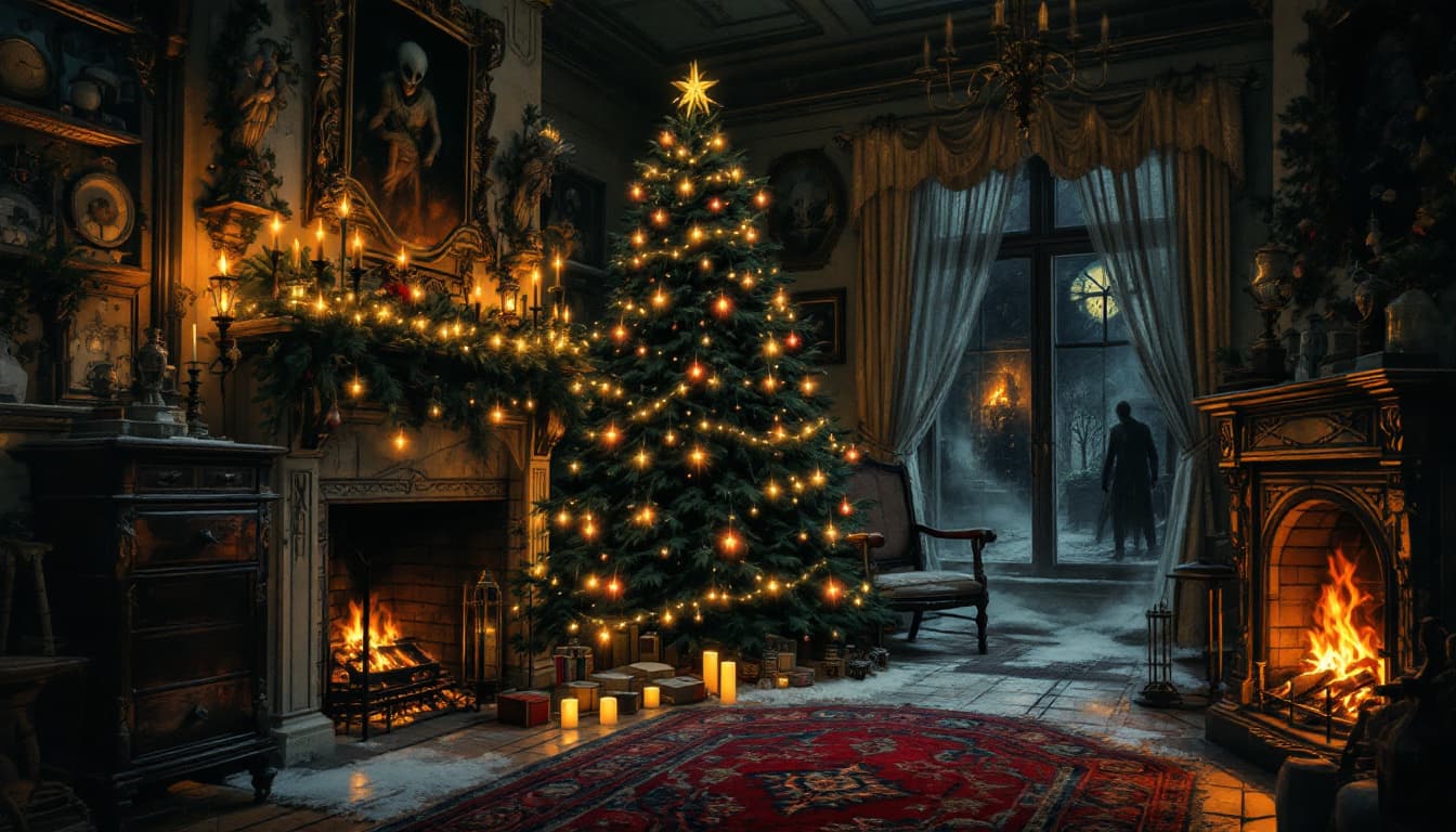 AI generated: Create a Victorian Penny Dreadful comic-style image depicting a Christmas tree in1880s Austin, Texas...