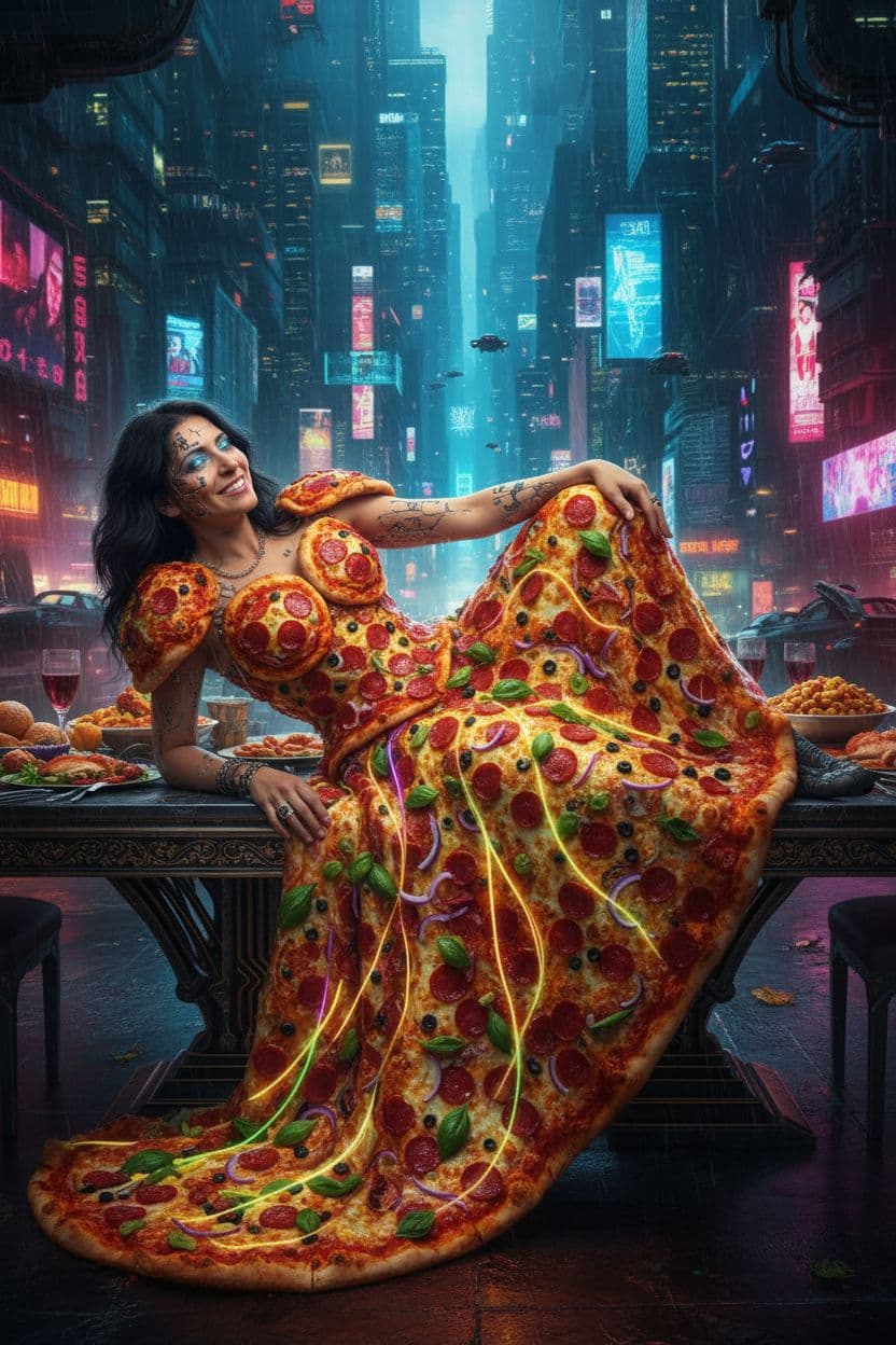 AI generated: Cuisine, A smiling woman wears a dress made of pizza as she lays on a table, rich deep colors, intri...