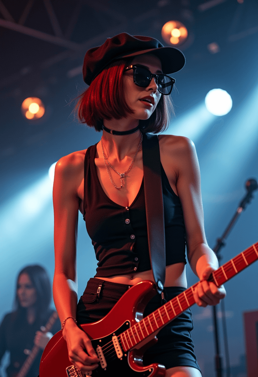 AI generated: photograph of a woman with an angled bob haircut playing a gripping electric guitar solo, immersed i...