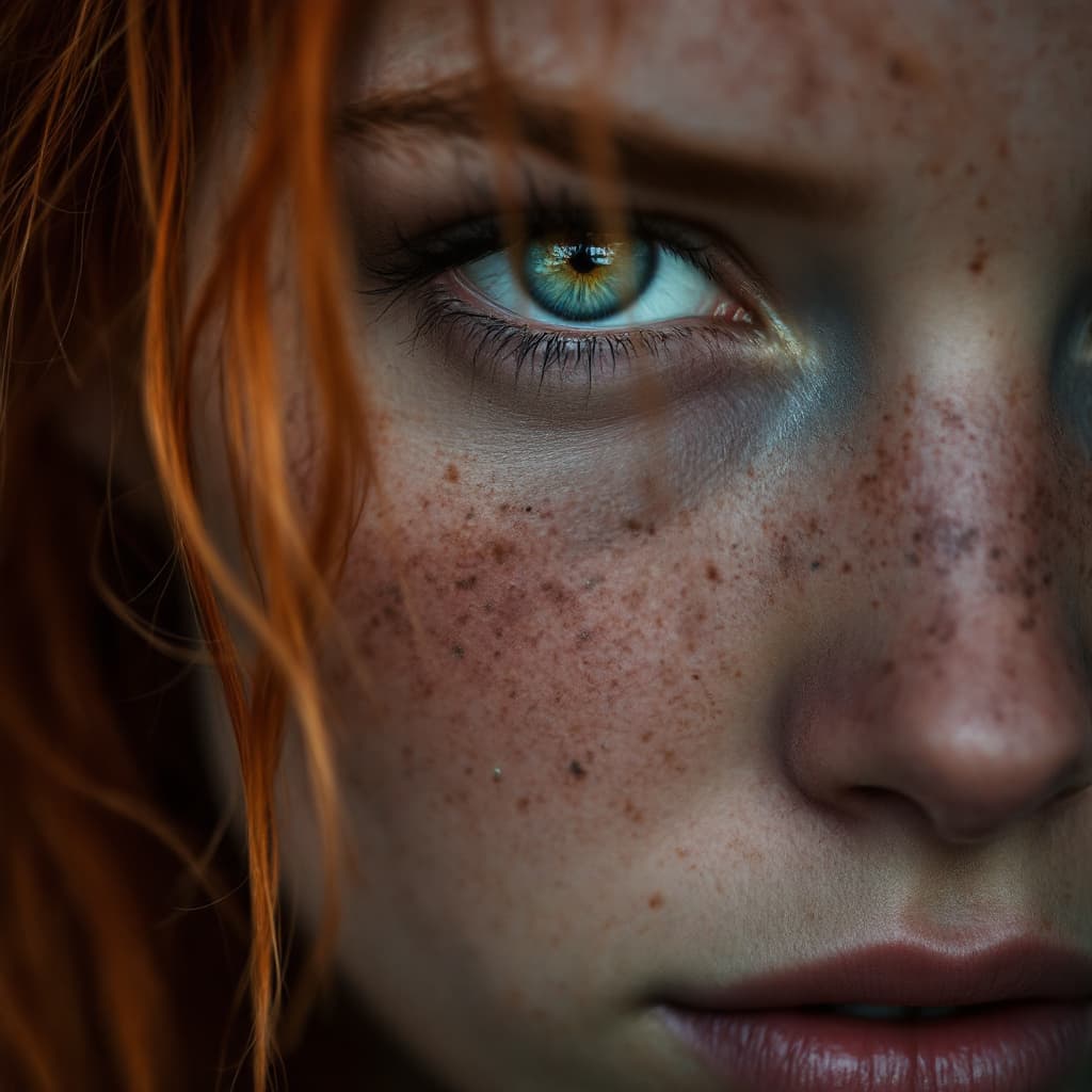 AI generated: Close-up photograph of the face of a pony-tailed red-haired woman with a very beautiful dirty face, ...