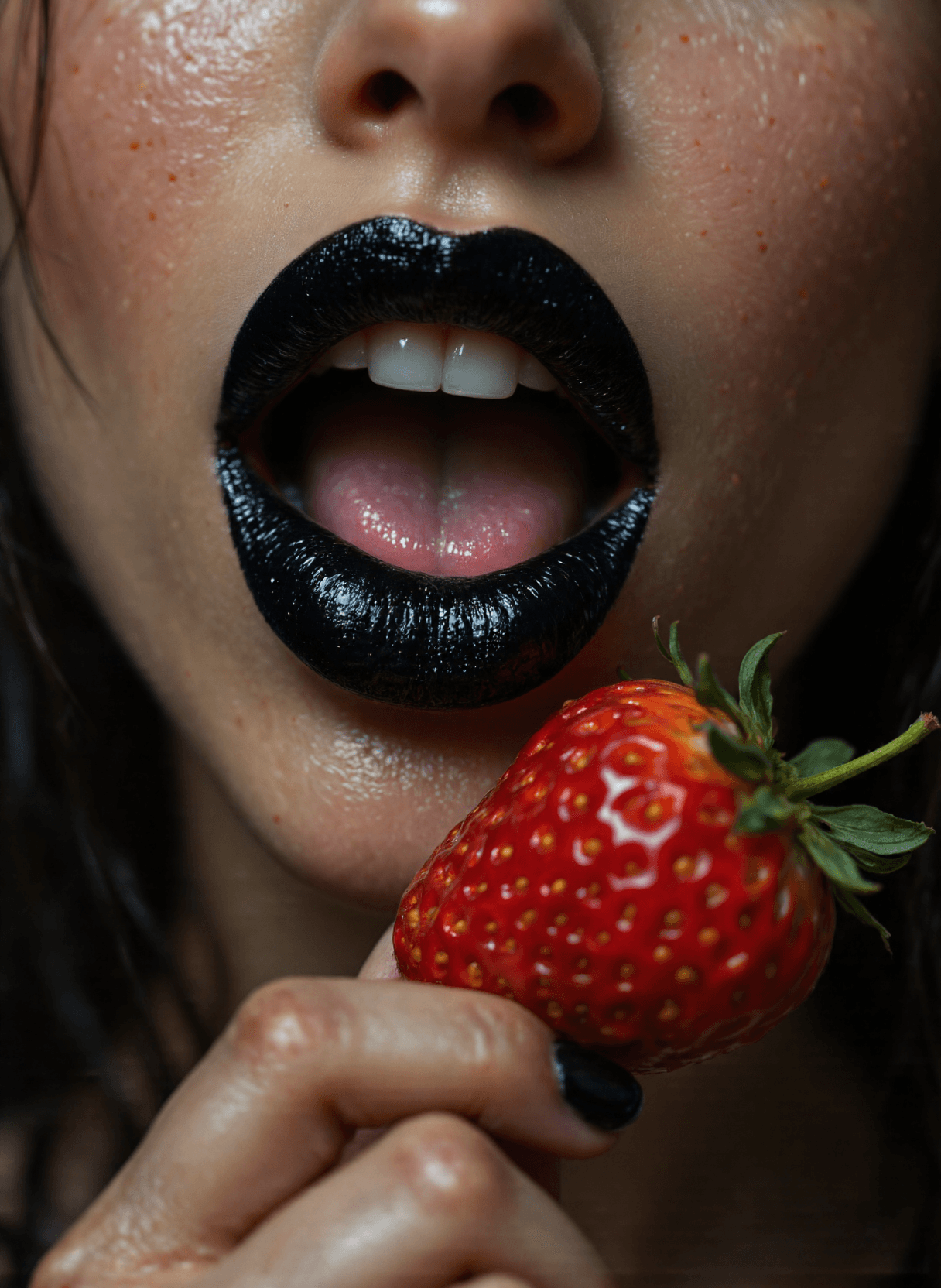 AI generated: The image depicts an extreme close-up of a woman's lips and teeth. We can see the skin pores on her ...