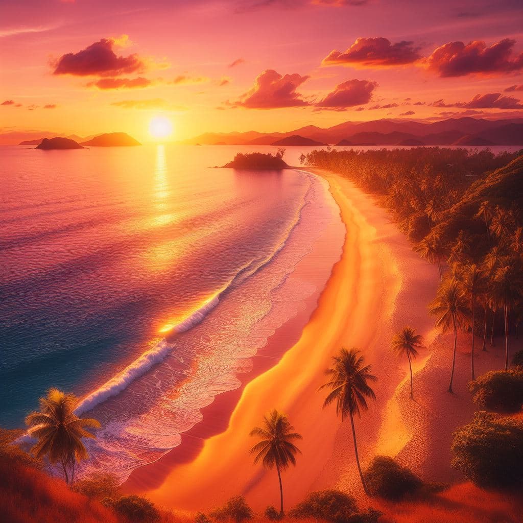 AI generated: A pristine beach bathed in the warm hues of a setting sun. Golden sands stretch for miles, meeting t...