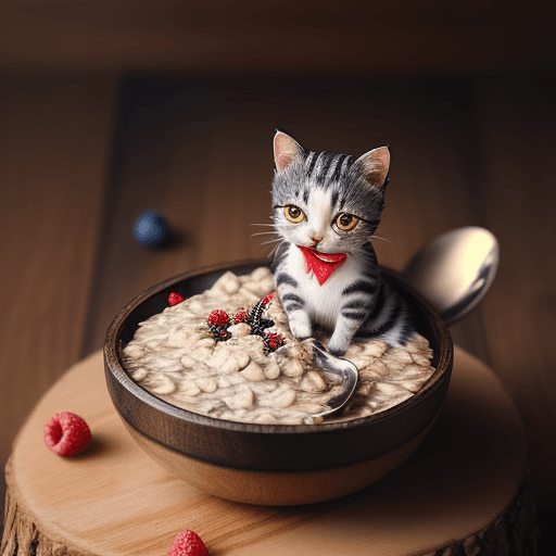 AI generated: photography, of a small cat dressed like a lawer eating overnight oats with berries in a wooden tabl...