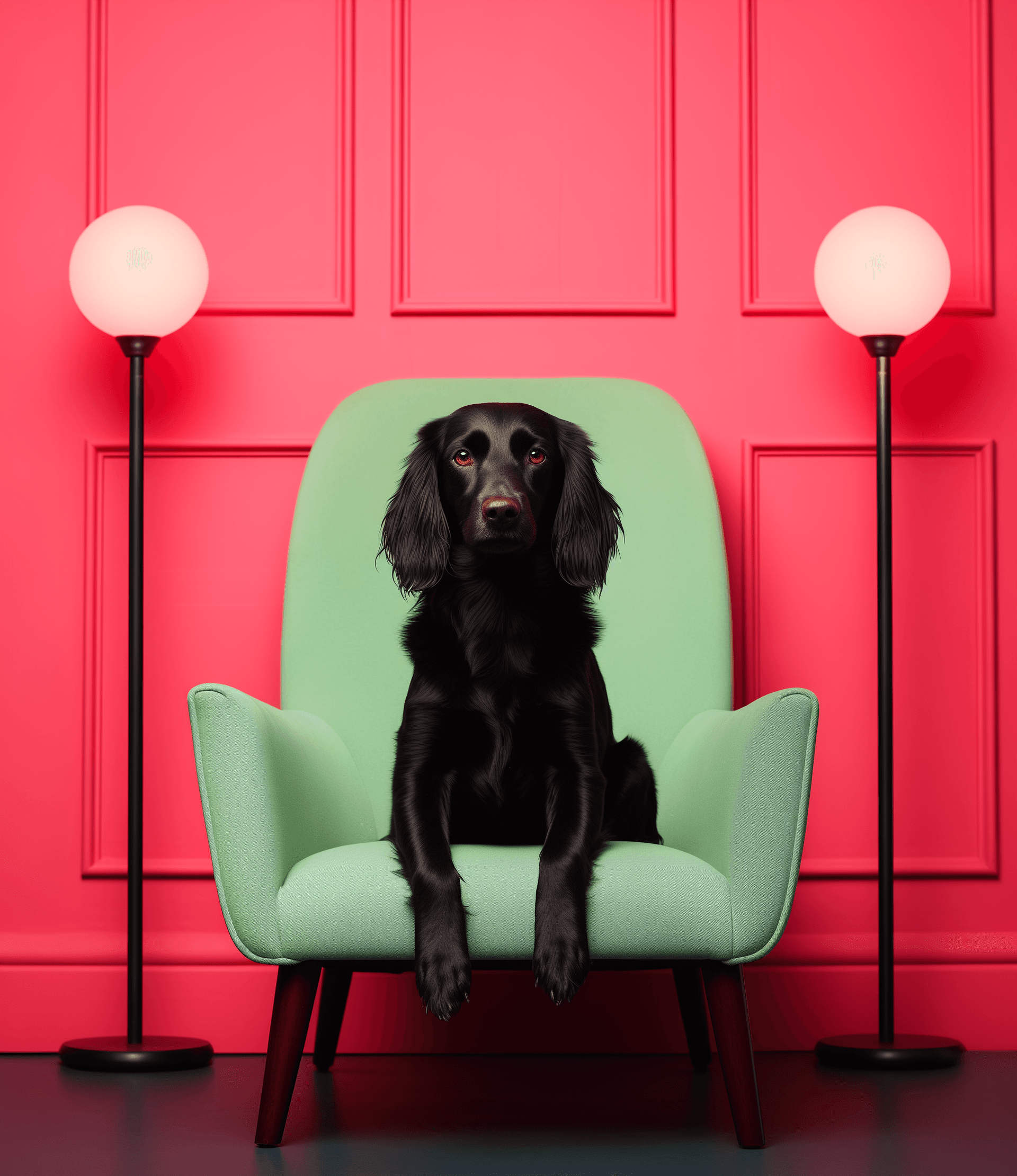 AI generated: A black dog sitting on top of a pink chair in front of a green door, in the style of Petrina Hicks, ...