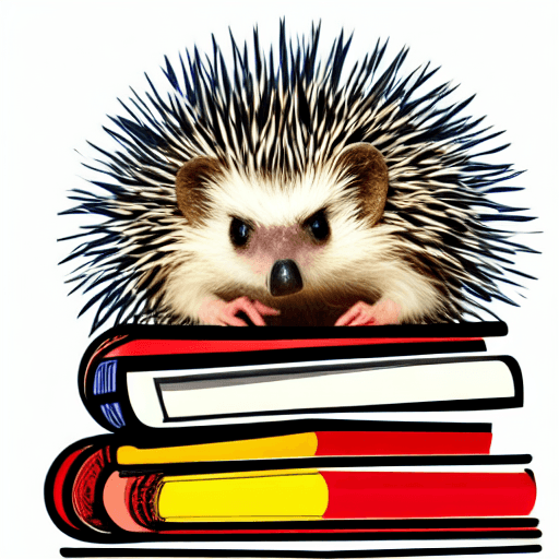 AI generated: An hedgehog  wearing round glasses, next to a pile of books in different colors. On a white backgrou...