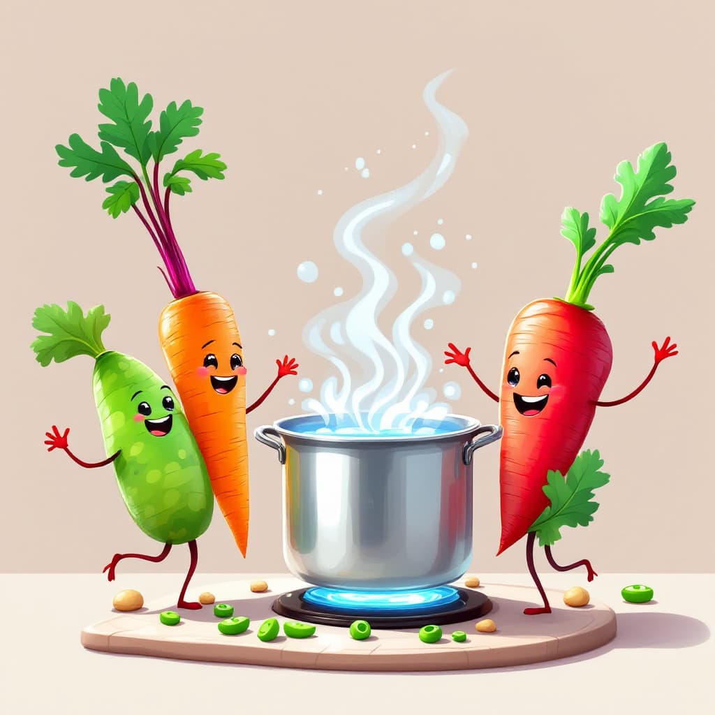 AI generated: Anthropomorphic cheerful, smiling vegetables, beetroot, carrots, parsley, potatoes, peas dance aroun...