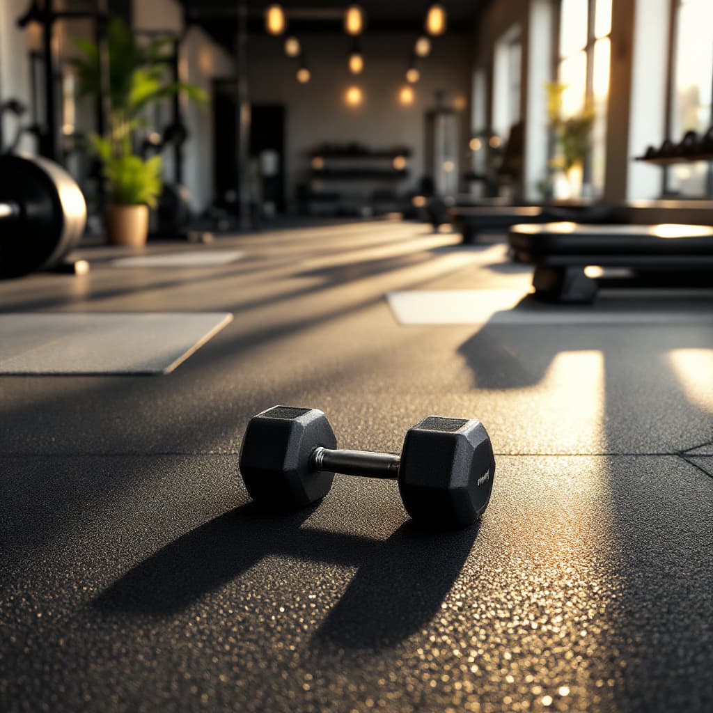 AI generated: A hyper-realistic, modern gym captured from a top-down perspective, showing small dumbbells position...
