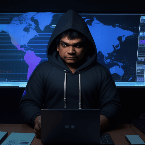 AI generated: Johnny Lever is an Indian actor as cyber hacker wearing a hoodie, the face is visible. He's working ...