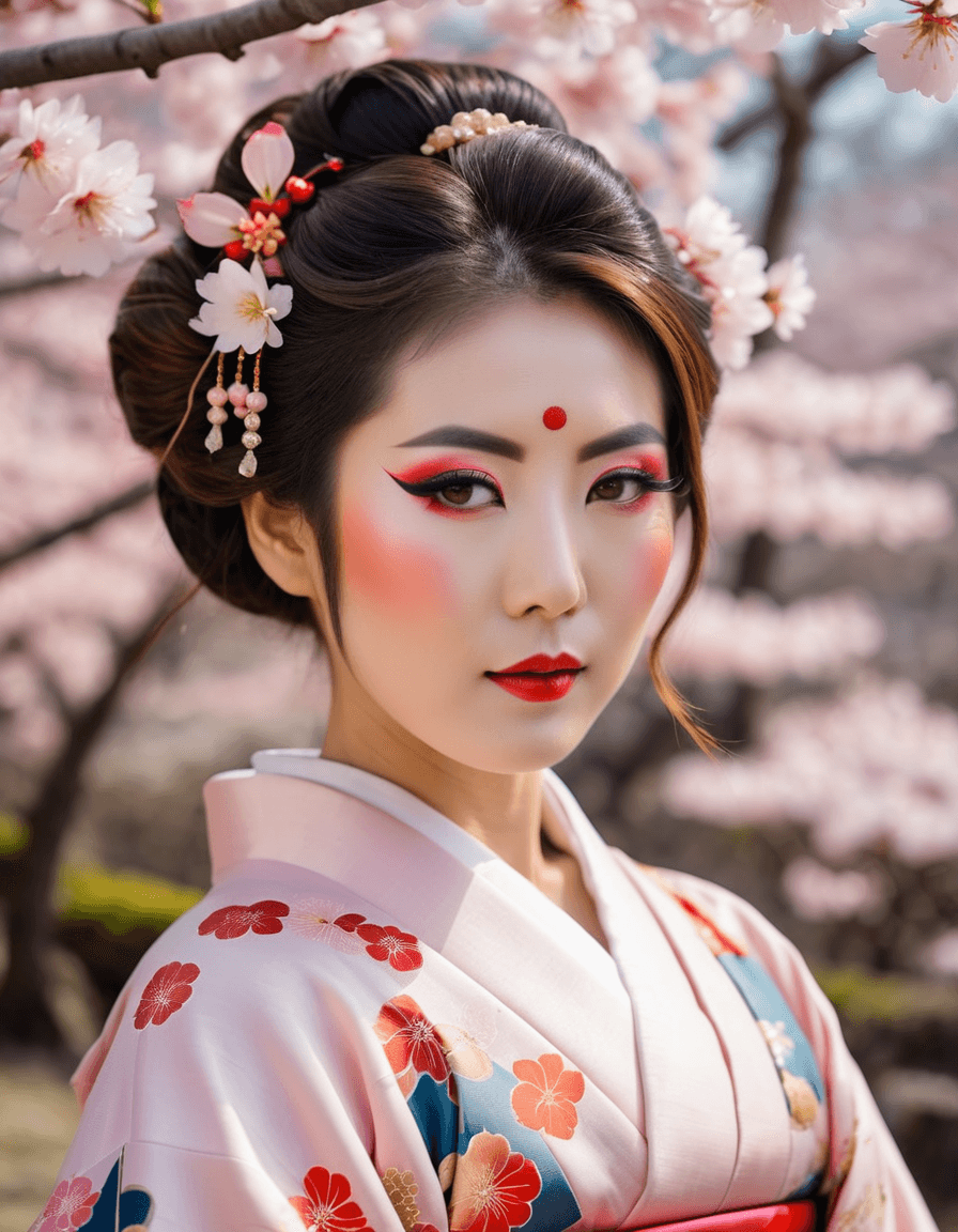 AI generated: portrait of a japanese woman wearing a kimono under sakura trees, japanese concubine hairstyle, conc...