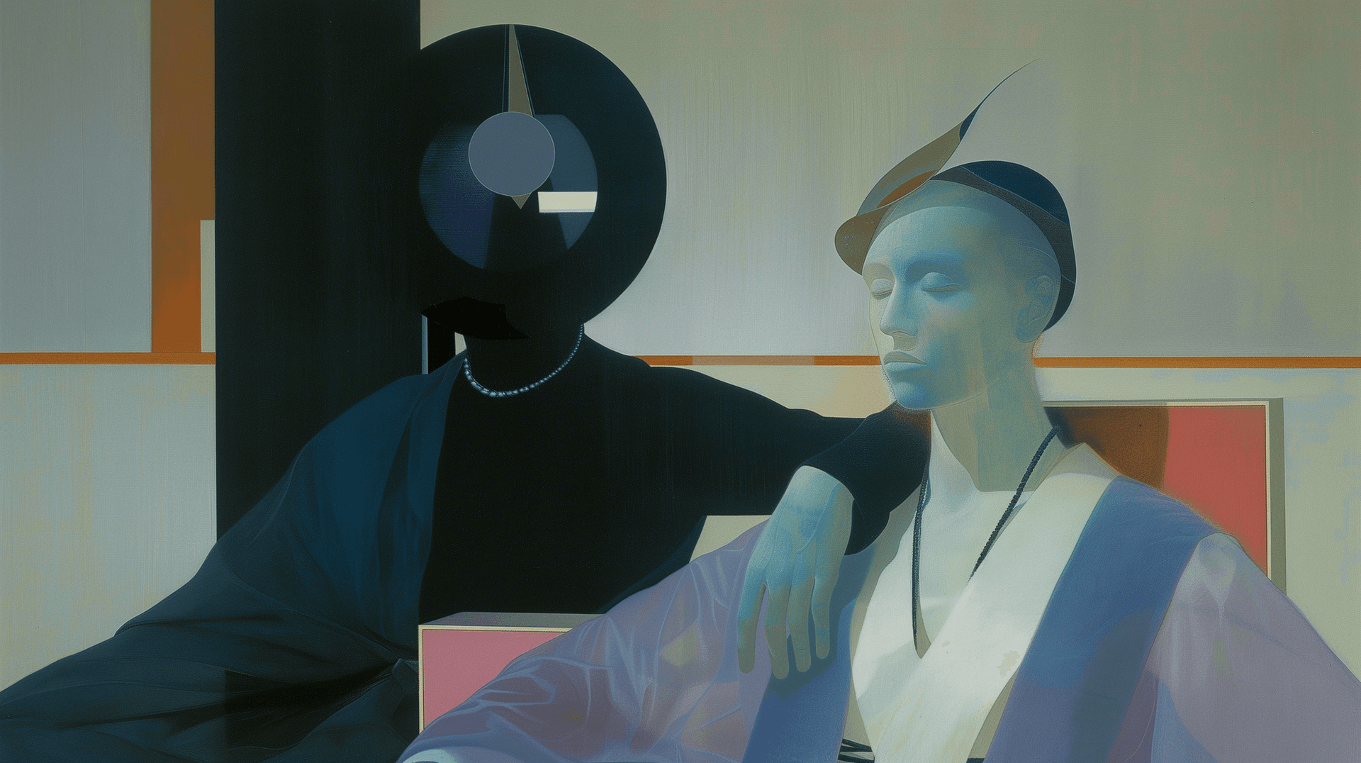 AI generated: A surreal figure hypnotized by a black figure with thoth head --ar 16:9 --sref 2941924729 4244977961...