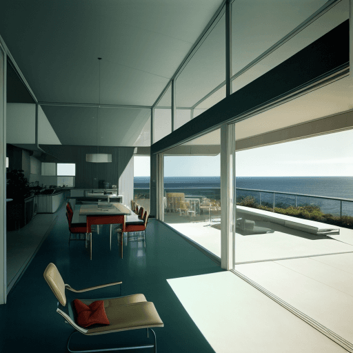AI generated: Hyper realistic eye level exterior photo of a mid century modern style house overlooking the ocean, ...