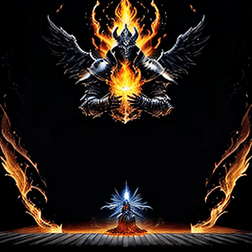 AI generated: Create an awe-inspiring digital painting of a mythical duel between an infernal knight and a divine ...