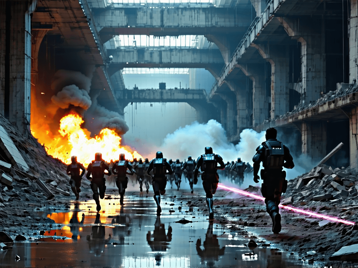 AI generated: Create an emotional dramatic and futuristic dystopian scene in which a number futuristic sci-fi styl...