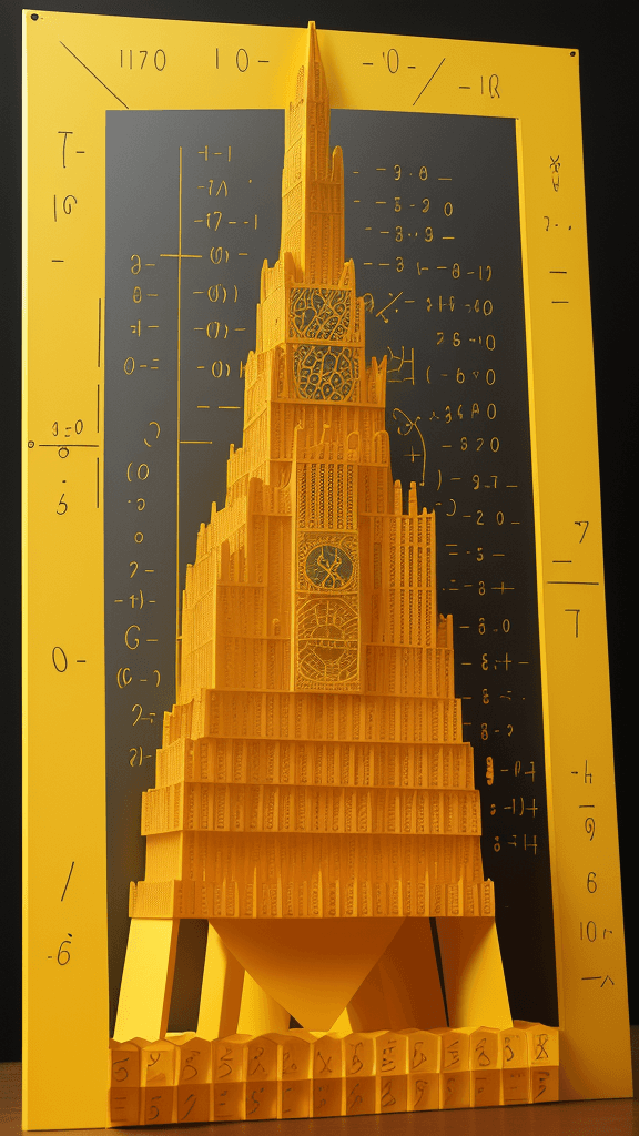 AI generated: Craft a vibrant representation of The Tower of Math in golden yellow. Incorporate numbers and equati...