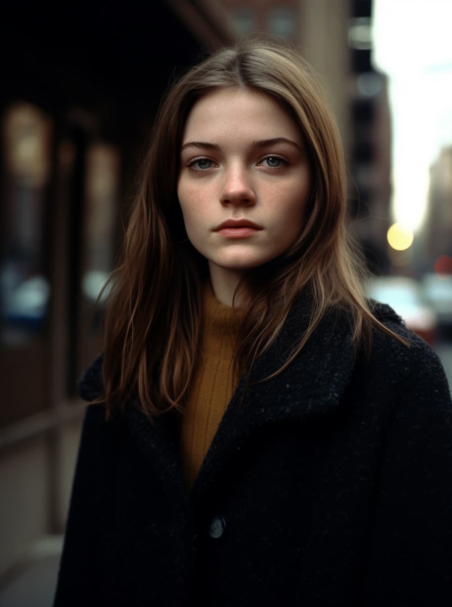 AI generated: extremely beautiful 18 years old model in the streets of New York, wearing black long coat, analogue...