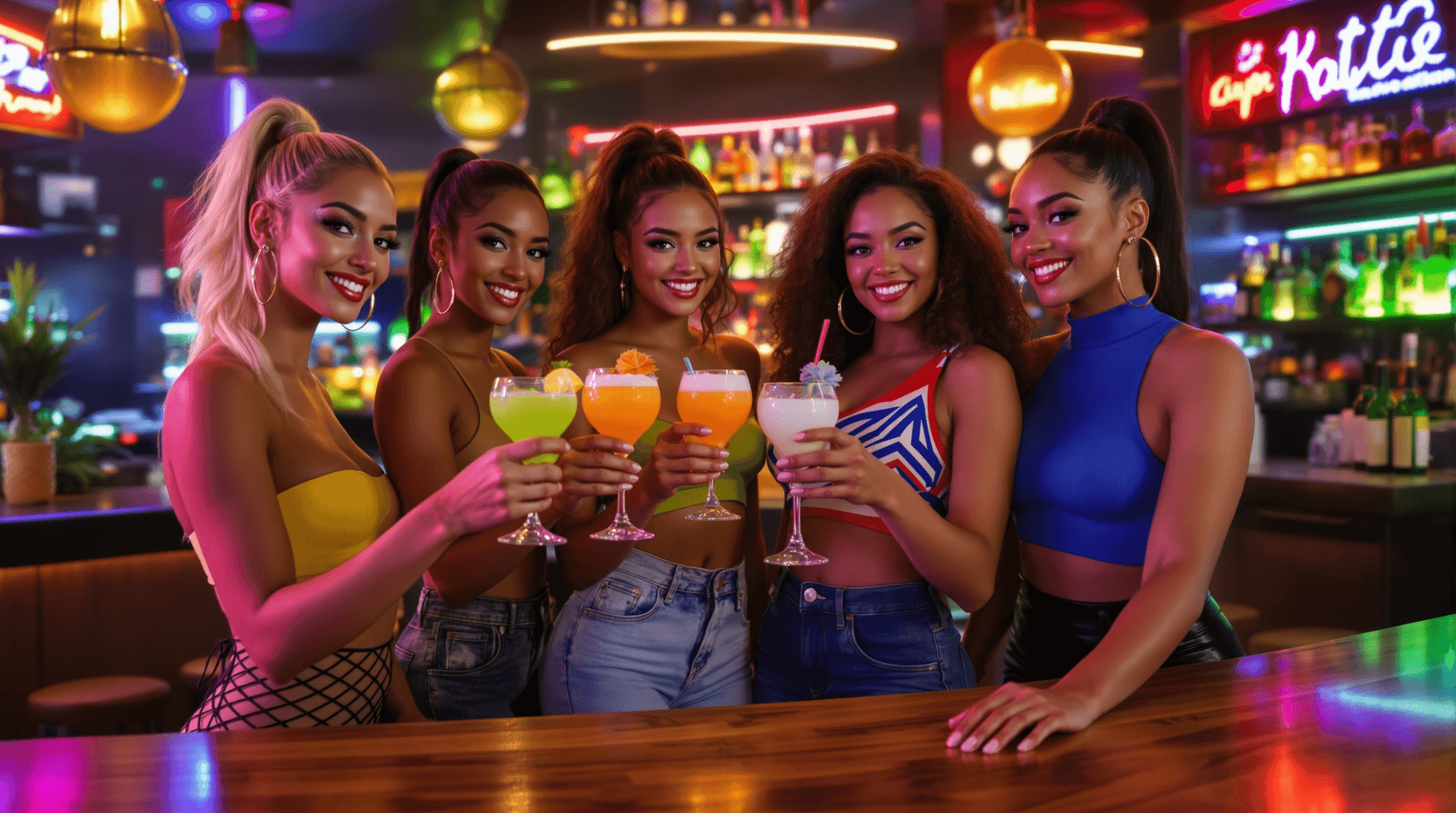 AI generated: Hyper-realistic, ultra high-definition wide panoramic scene inside a stylish bar, showing six stunni...