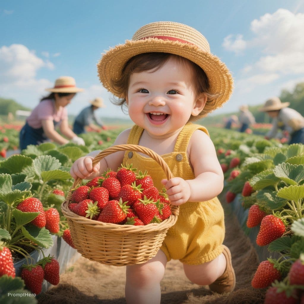 AI generated: A super cute baby wearing a straw hat and a yellow outfit, holding a basket overflowing with bright ...