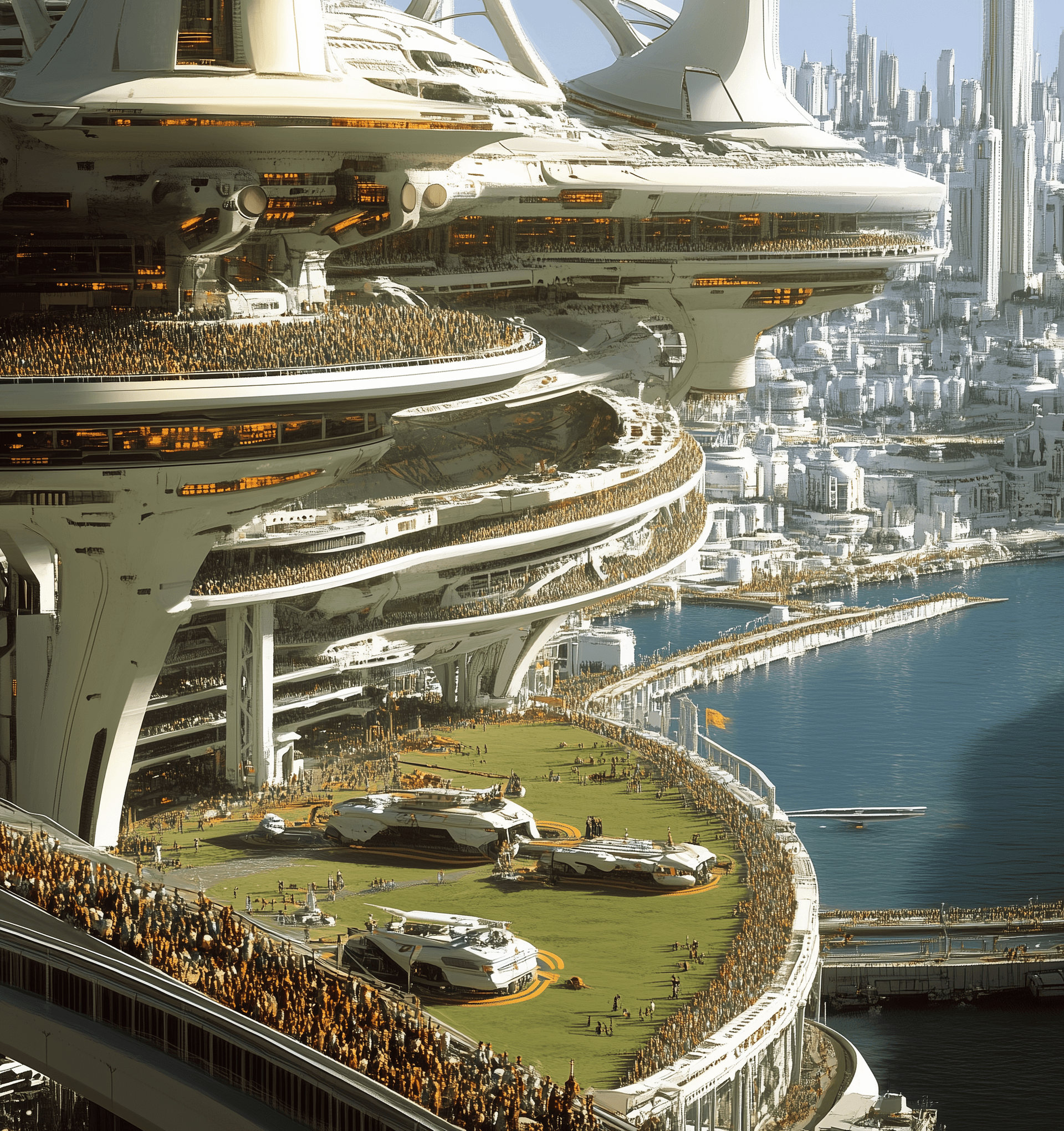 AI generated: A massive futuristic stadium in the style of Syd Mead, filled with people and vehicles on a grassy f...