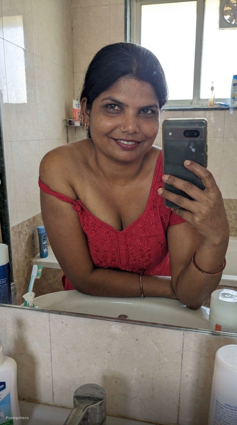 AI generated: Taking a mirror bathroom selfie, realistic snapshot, same hairstyle, super sexy, wearing same cleava...