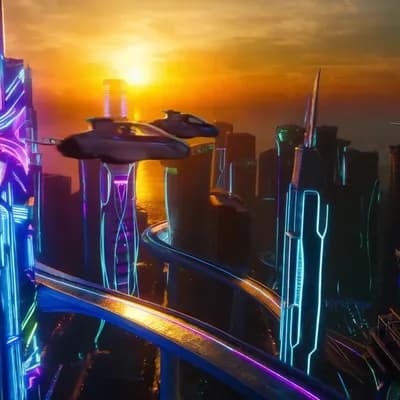 AI generated video: futuristic city skyline at sunset, flying cars, neon lights, cyberpunk style"