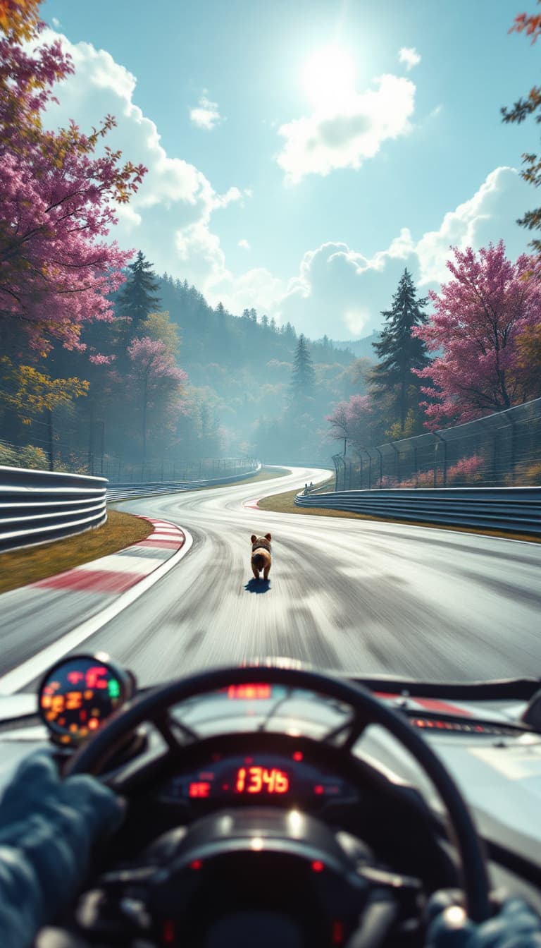 AI generated: Summer. The first racing car racing around the track on a bend.  From the car window, far around the...