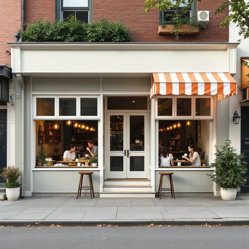 AI generated: The exterior of a ground level small coffee-bakery shop building with no other floors above and  whi...