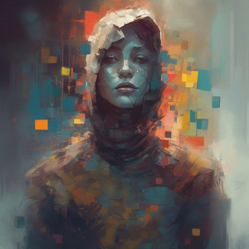 AI generated: A person  broken into isomeric squares, personification, face constructed like a necklace,  extremly...