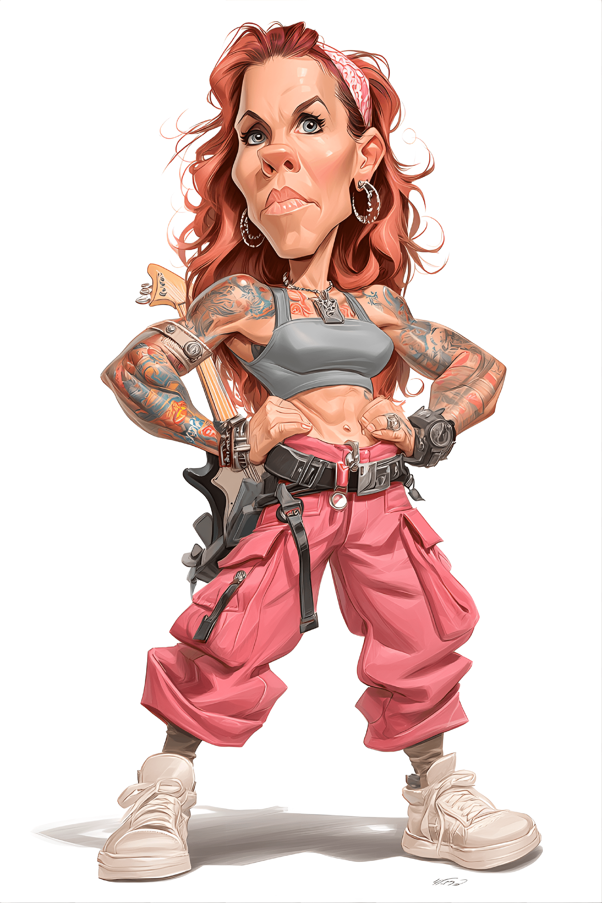 AI generated: funny caricature, rocker female human caricature, middle-aged caucasian female, 38 years old, red fl...
