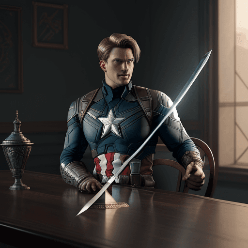 AI generated: sword on the table with the design and character of captain america The sword is gold and grey dark,...