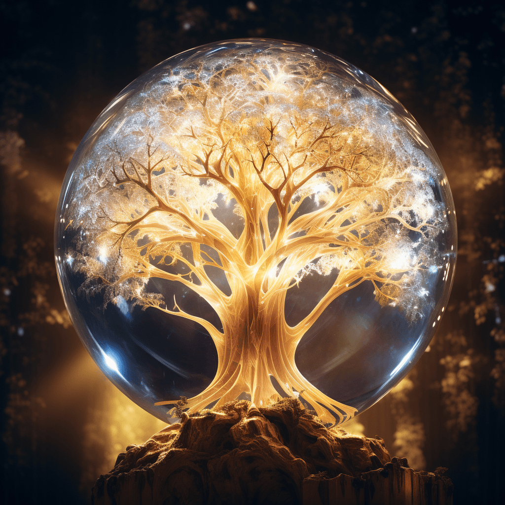 AI generated: A tree lit in the dark, golden sacred tree, Tree of Life, intricate, its crown within a translucent ...