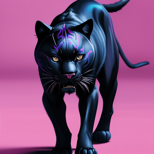 AI generated: An Hyper Realistic image of a black panther walking on a pink background with blue highlights 
