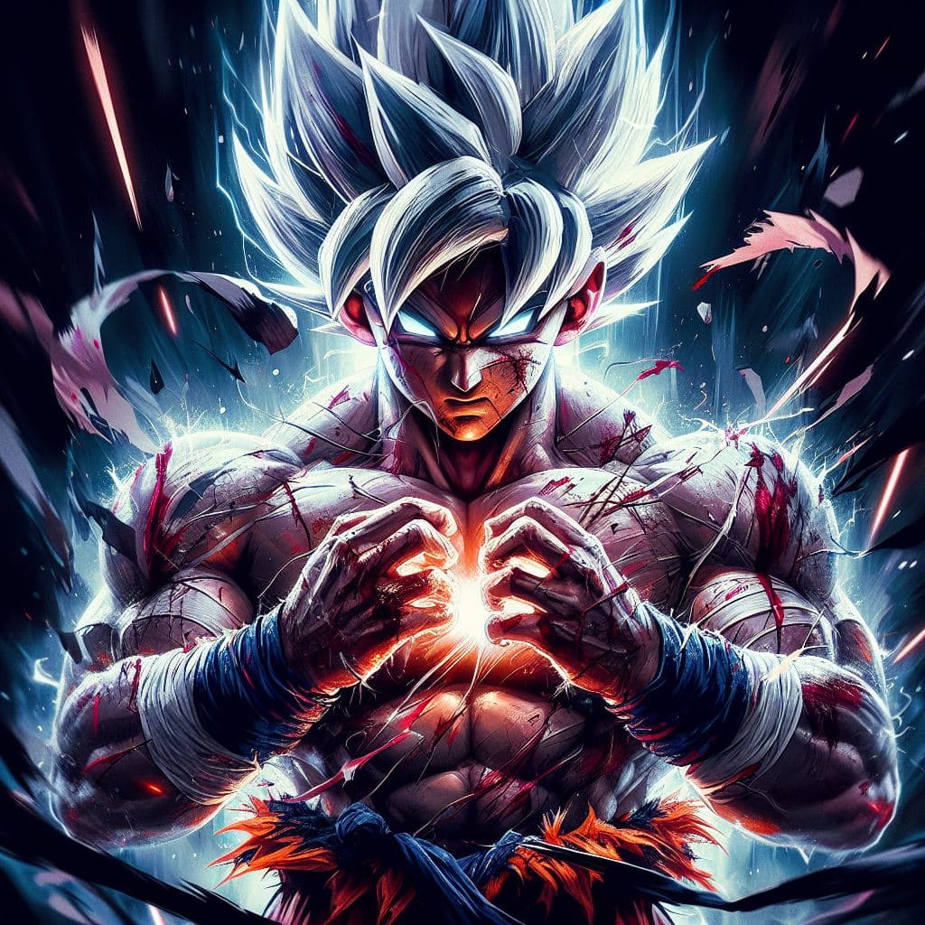 AI generated: Goku Ultra Instinct with a tough and intense gaze, and strong, glowing white hair, white aura, banda...