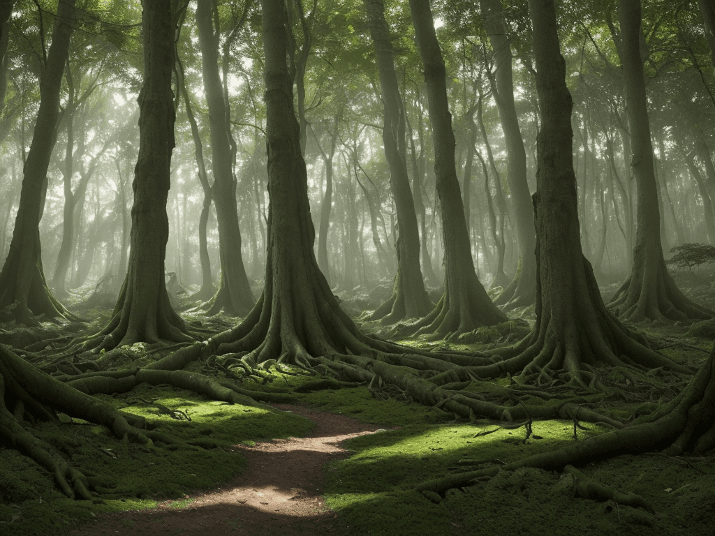 AI generated: a fantastical forest scene with a wide-angle perspective, showcasing a dense and vibrant environment...
