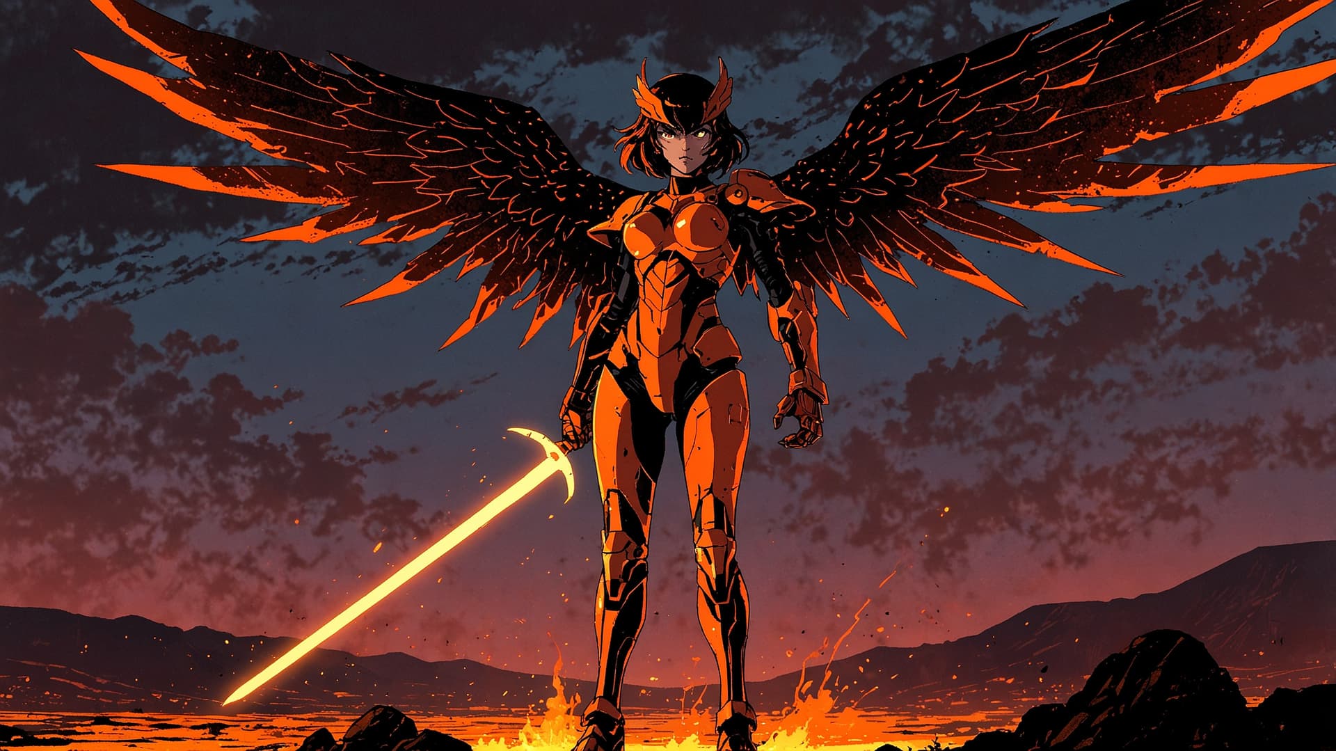 AI generated: High-fantasy digital artwork featuring a powerful, armored female warrior with glowing, fiery wings....