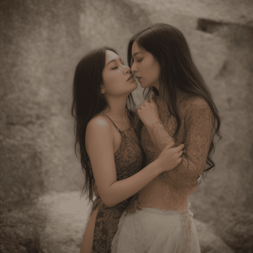AI generated: Two beautiful, seductive Asian woman, hip length raven hair, intricately detail black and gold leath...