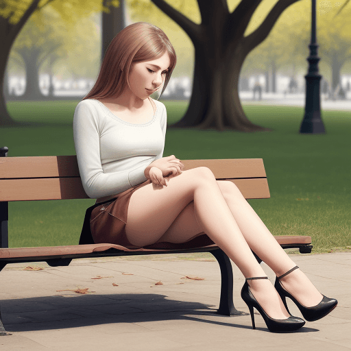 AI generated: a young lady sit on the banch in the park while her dog sit bese her and lick her high heels shoes
