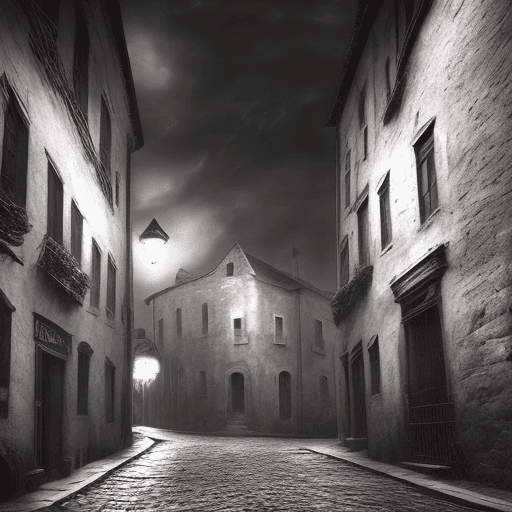 AI generated: Create a background of an old, eerie town at night, with narrow cobblestone streets and crumbling bu...