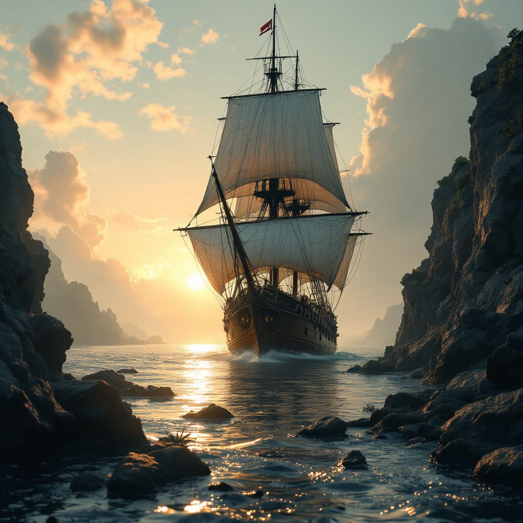 AI generated: Photo of a ultra realistic sailing ship, dramatic light, pale sunrise, cinematic lighting, battered,...