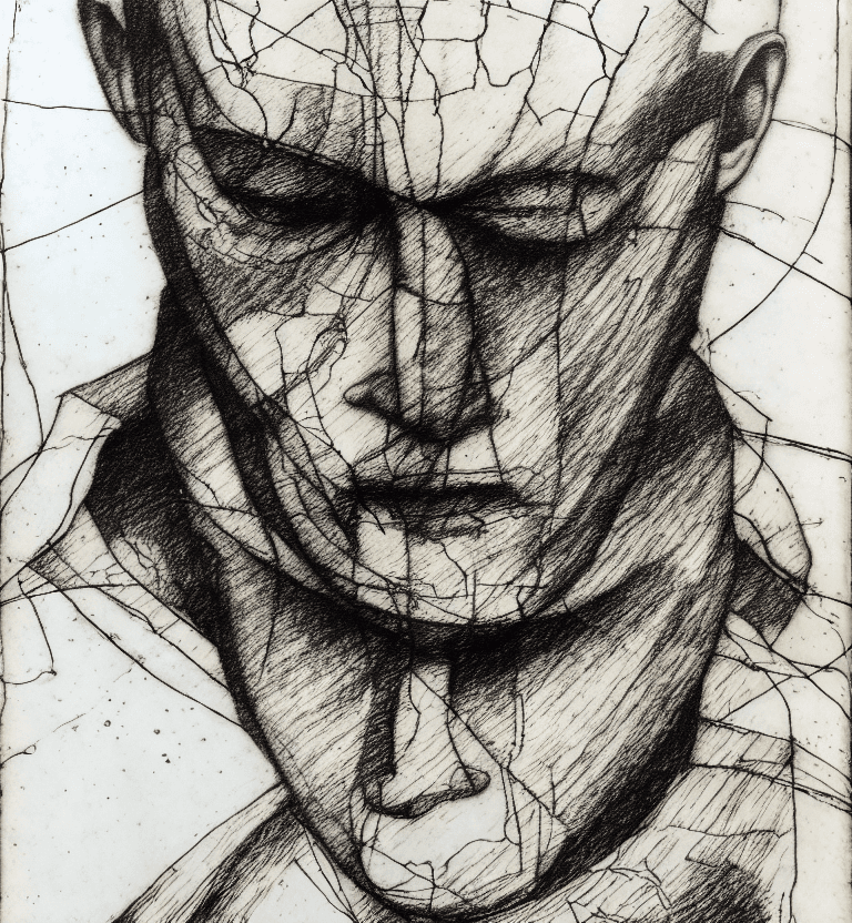 AI generated: drypoint engraving scribble illustration,  paranoid, annotated, messy, disorganized, man with Anatom...