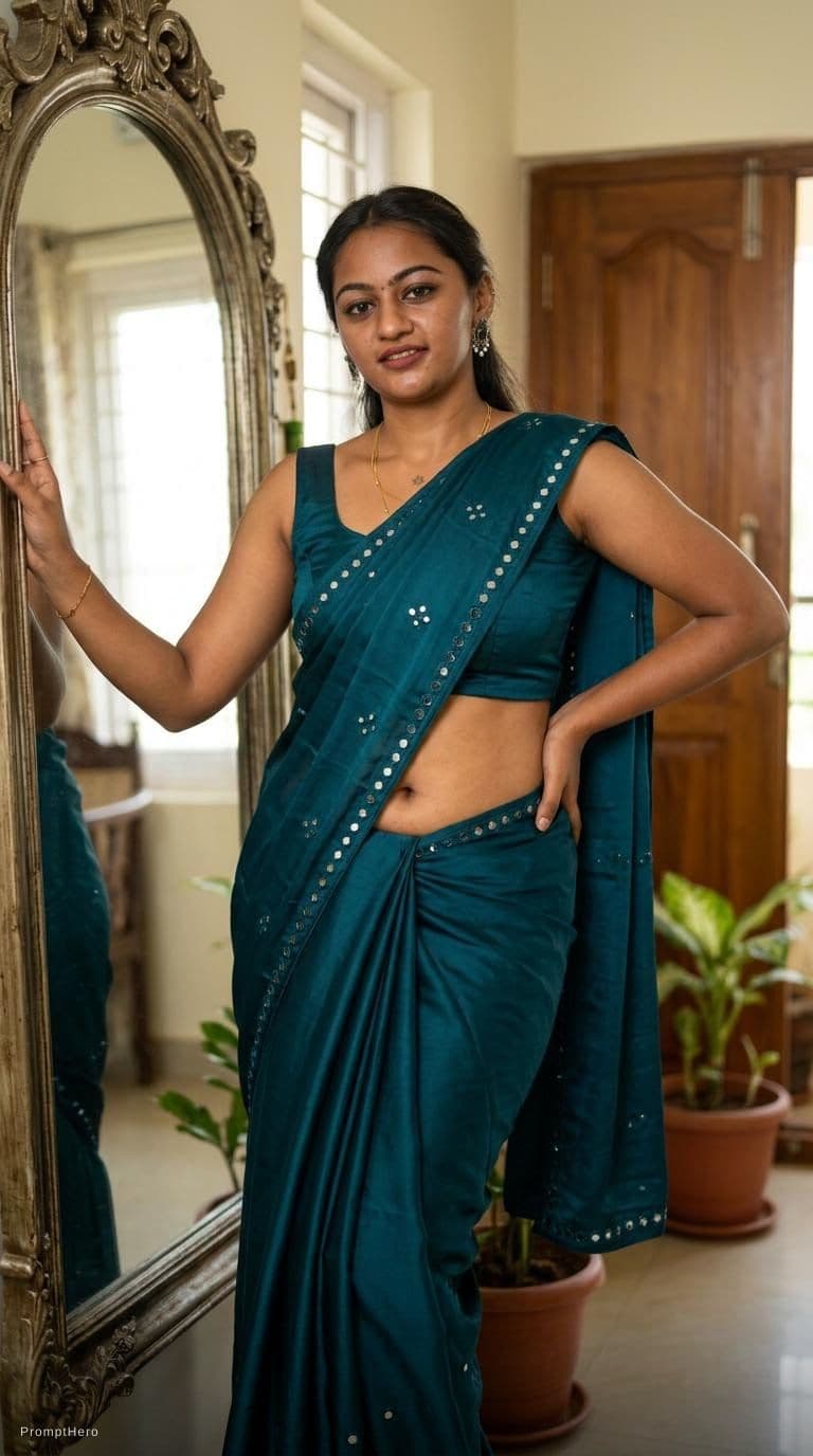 AI generated: Tamil girl. modern sexy glossy mirror saree, wearing saree saree saree model. glossy mirror saree Na...