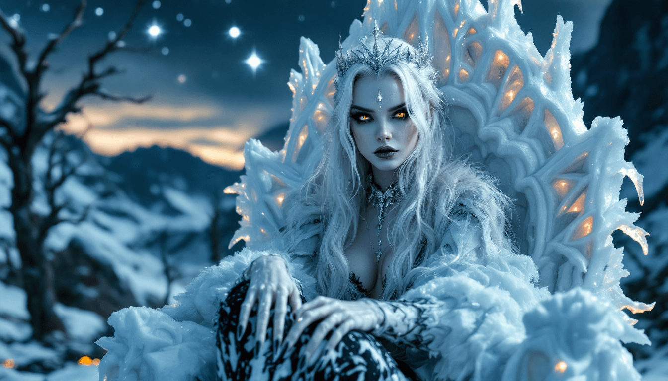 AI generated: 4K, magazine photo shoot quality image of a beautiful 23-year-old platinum blonde ice witch with pie...