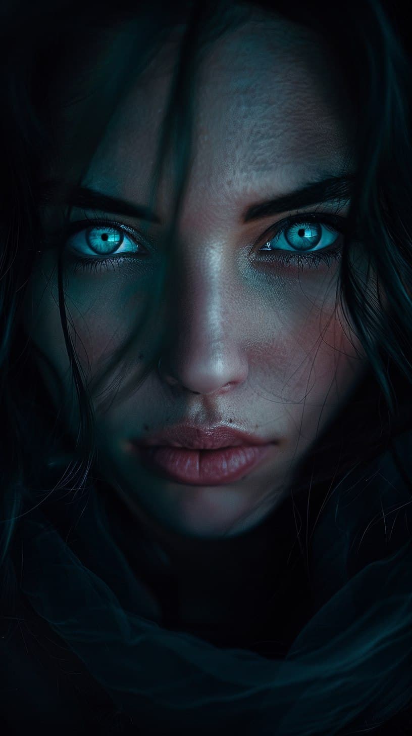 AI generated: 8k, RAW photo, highest quality, hyperrealistic, a mysterious lady with piercing glacier blue eyes, s...