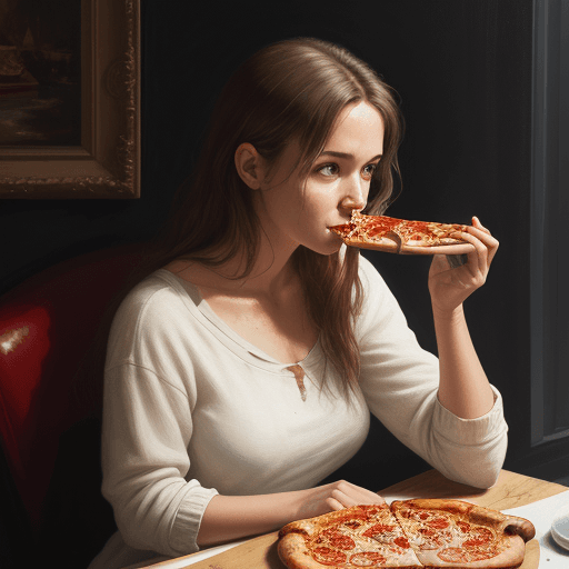 AI generated: A painting of a woman, sitting while eating pizza, natural lighting, highly details, natural look, m...