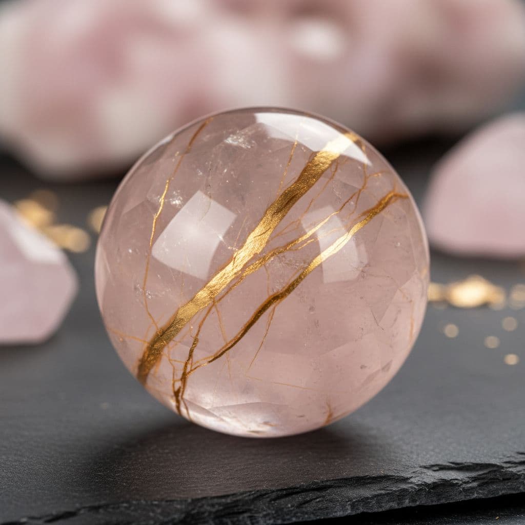 AI generated: Clear and Pink Crystal with Gold veins like marble running through it 