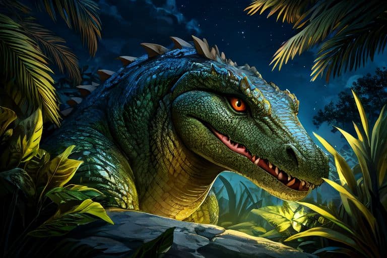 AI generated: Hyper realistic eye level exterior photo of crocodile monster, in the jungle, at nighttime, fantasy ...