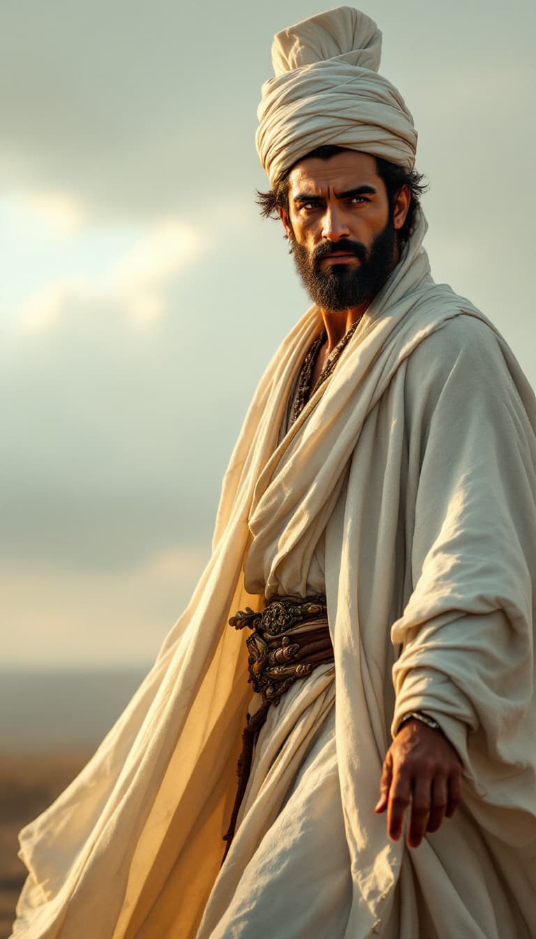AI generated: Description: The Dervish (tan-skinned Iranian, wise dark eyes, strong brows, short beard, white flow...