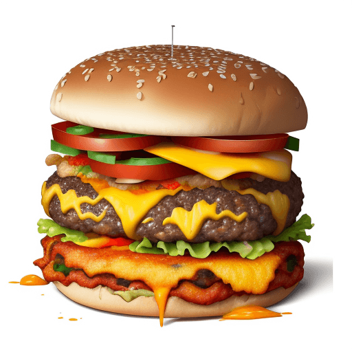 AI generated: Engineering diagram showing an exploded view of a cheeseburger with all its components separated and...