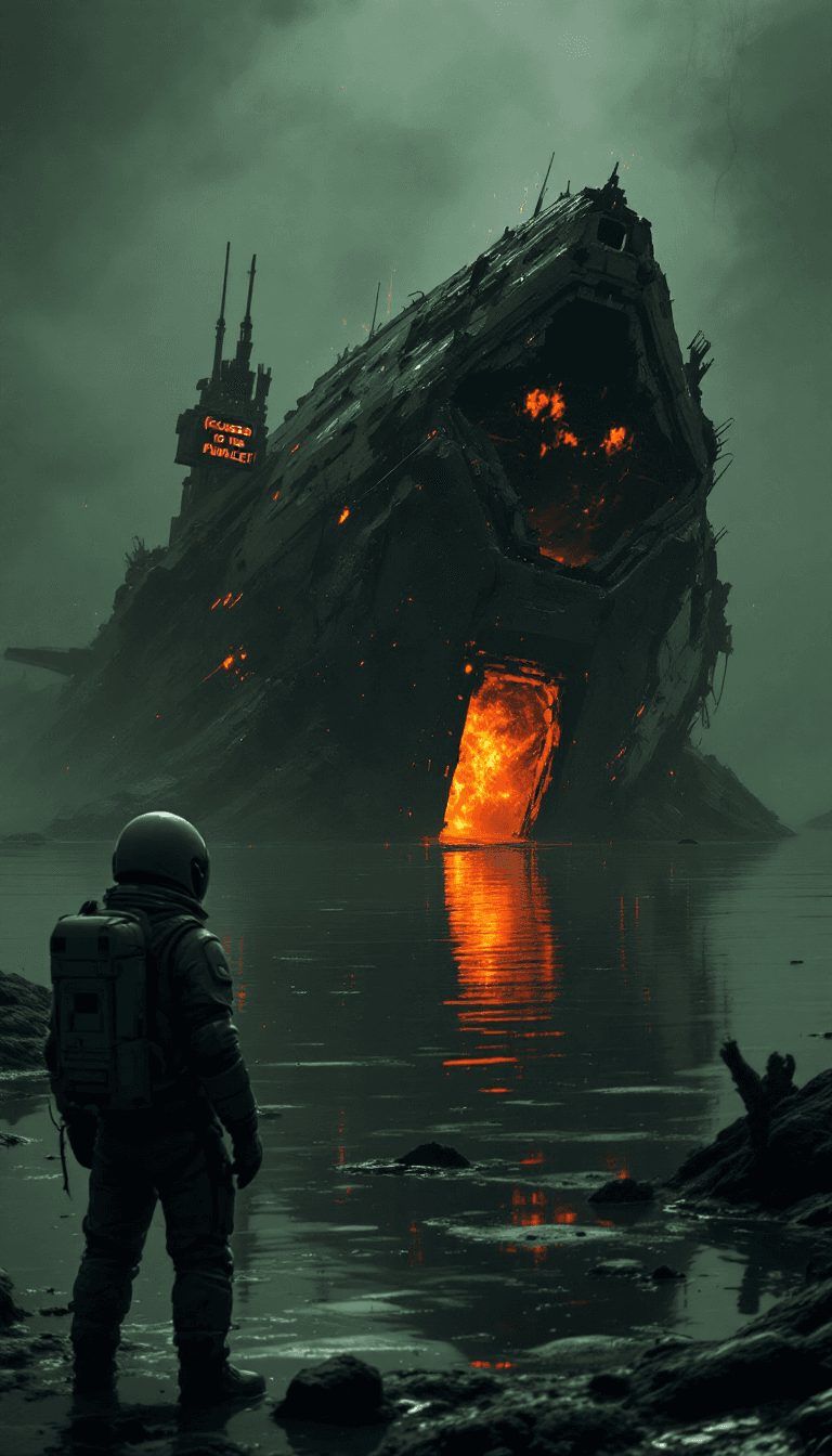 AI generated:  On a swampy, alien planet, a large, wrecked starship sits half-submerged in murky water, with flame...