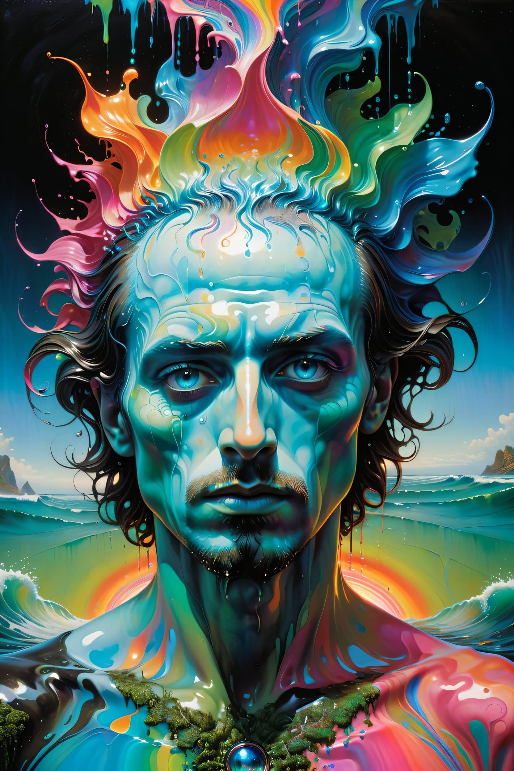 AI generated: 1man, a psychedelic bioluminescent, vibrant color palette dominated by orange, pink, green and blue ...